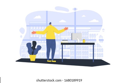 Man working at home. Freelancer thinking about work tasks in his room near window. Person have a home office in quarantine. Self employed character surprised by the current situation. Vector concept. 