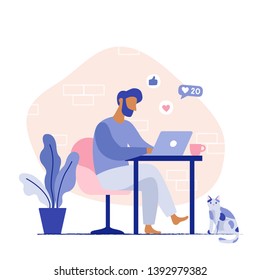 Man working from home. Freelancer home workplace. Vector flat illustration.