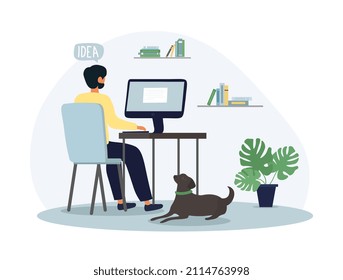 Man working at home. Guy sitting at computer, dog lying next to him. Work from home, internet and modern technologies. Remote employee. Programmer writes code. Cartoon flat vector illustration
