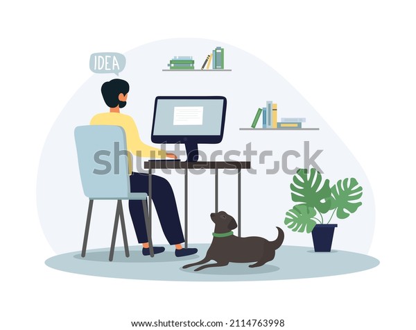 Man working at home. Guy sitting at\
computer, dog lying next to him. Work from home, internet and\
modern technologies. Remote employee. Programmer writes code.\
Cartoon flat vector\
illustration