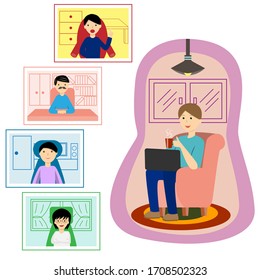 a man working from home having video conference with workmates vector