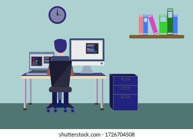 Man working at home. Idea concept to avoid corona virus infection. Vector design illustration flat style.