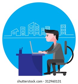 Man Working From Home - An illustration featuring a man sitting in a room at a desk with a laptop to represent working from home with city background