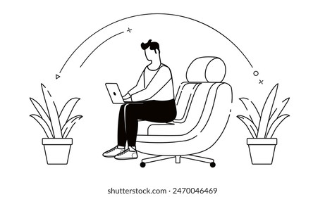 Man working at home with laptop black and white 2D cartoon character. Isolated vector outline of a man. Remote work monochrome flat spots illustration