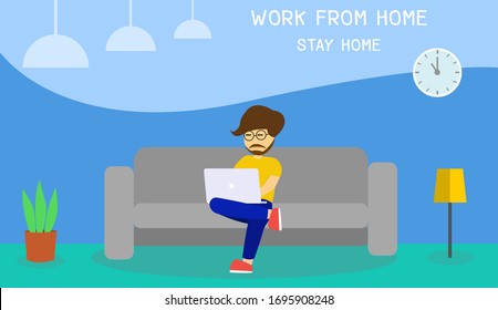 A man working at home with laptop computer on sofa. Man work at home to prevent COVID-19 virus infection. Concept of working from home. Vector illustration. 