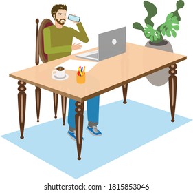 Man working home with laptop computer , isometric infographic  - Vector