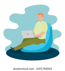 man working at home with laptop sitting in pouf vector illustration design