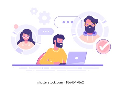 A man is working from home and meeting up with his team, colleagues or friends online via conference video call. Working from home, remote project management, quarantine. Vector illustration.