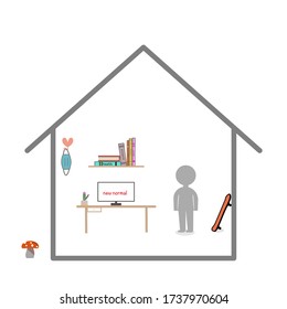 A man is working at home in new normal concept. Stay at home and work from home. There are a computer and cactus  on a table. Some books are on a shelf. A mask is hanged. A skateboard is lay on wall.