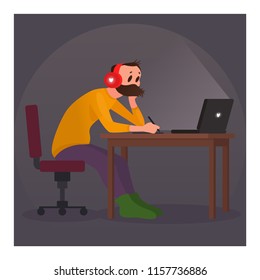 Man working at home with notebook. Cartoon vector illustration