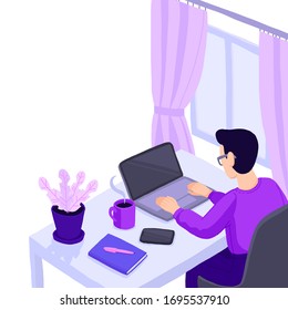 man Working at Home Office. Character Sitting at Desk in Room, Looking at Computer Screen. Home Office Concept. Flat Isometric Vector Illustration.