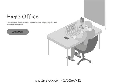 Man Working at Home Office. Character Sitting at Desk in Room, Looking at Computer Screen and Talking with Colleagues Online. Work from home Concept. Flat Isometric Vector Illustration. Gray color