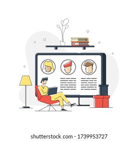 Man Working at Home Office. Character Sitting at Desk in Room, Looking at Computer Screen and Talking with Colleagues Online. Home Office Concept. Flat Isometric Vector Illustration.