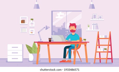 Man working from home. Home office concept illustration, freelancer working on laptop. Flat quarantine vector. Studying on computer.
