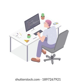 Man working at home office. Freelancer sitting at table, looking at notebook. Home office concept.  Isometric vector illustration.