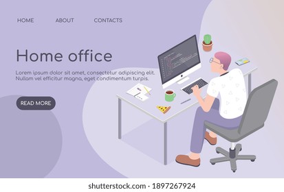 Man working at home office. Freelancer sitting at table, looking at notebook. Home office concept.  Isometric vector illustration.