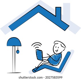 Man working at home office. Hand drawn boy Sitting at Desk in Room, Looking at Computer Screen and Talking with Colleagues Online.isolated vector illustration doodle art.
