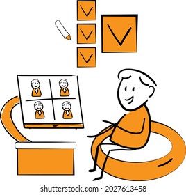 Man working at home office. Hand drawn boy Talking with Colleagues Online and check list items.isolated vector illustration doodle art character design . Man self employed concept.

