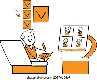 Man working at home office. Hand drawn boy Talking with Colleagues Online and check list items.isolated vector illustration doodle art character design . Man self employed concept.

