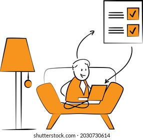 Hombre trabajando en casa. Niño dibujado a mano sentado en el escritorio de la habitación, mirando la pantalla del ordenador y hablando con colegas en línea.doodle de ilustración vectorial aislado.Comprobar elemento de lista y papel de documento