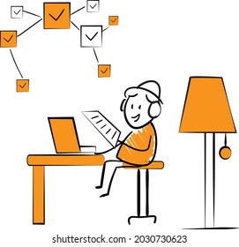 Man working at home office. Hand drawn boy Sitting at Desk in Room, Looking at Computer Screen and Talking with Colleagues Online.isolated vector illustration doodle.Check list item and document paper
