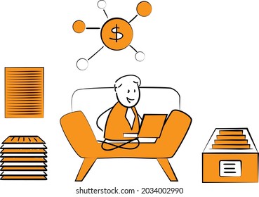 Man working at home office. Hand drawn boy Sitting at Desk in Room, Looking at Computer Screen and Talking with Colleagues Online.isolated vector illustration doodle art.