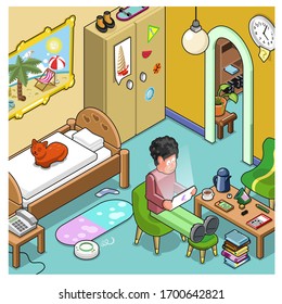 Man working in home office (isometric vector)