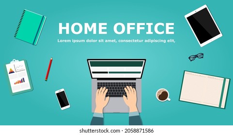 Man working at home office. New normal lifestyle. Social distancing concept. Top view of people working with computer at the work desk. Desk with laptop, digital devices and notepad.