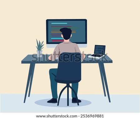 man working from home or office, seated at a desk with a computer monitor displaying code lines. Minimalist workspace includes a laptop and a small plant, ideal for tech and remote work
