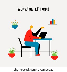 man working from home, home office vector flat style, workplace concept illustration, man working on computer vector illustration.