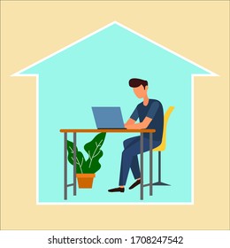 Un hombre trabajando en casa en la ilustración de un vector de computadora