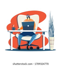 A man working at home on computer. Vector concept of remote work.