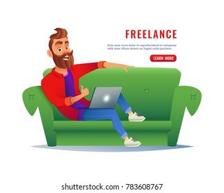 Man working at home on the couch. Freelancer sitting on sofa with a laptop, working remotely via the internet. Work at home concept.