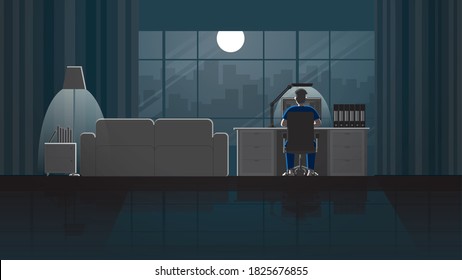 A man working from home on desktop computer in house workplace. Alone in the dark and full moon light. Lonely people in city. Lifestyle of work hard overtime and overwork. Back view idea concept scene