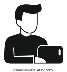 Man is working from home on his tablet in simple black style