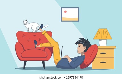 A man working at home on a laptop in a comfortable environment. Remote work from home. Freelancer. Office at home.