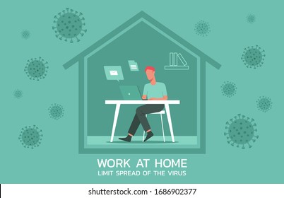 man at working at home on laptops computers, online working to limit spread of the coronavirus concept, flat vector illustration