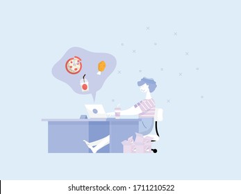 hombre trabajando en casa y pidiendo entrega de comida en línea