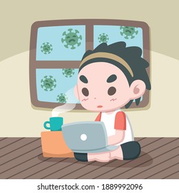 Man working from home for protecting himself from virus outside illustration