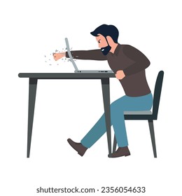 Man working from home and Punching screen of laptop or computer flat vector illustration