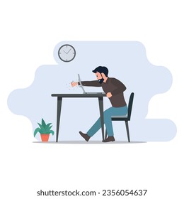 Man working from home and Punching screen of laptop or computer flat vector illustration