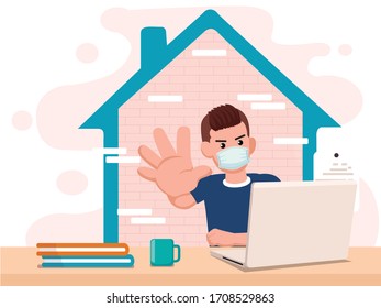 Man Working at home showing stop sign by hands. concept illustration freelancers working on laptops and computers. People at home in quarantine. Vector illustration