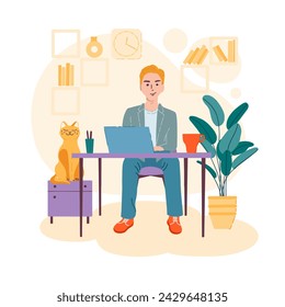 Man is working from home. Working space. Stock flat vector illustration. Colorful concept of home office.