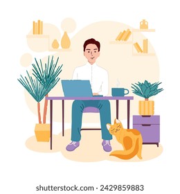 Man is working from home. Working space. Stock flat vector illustration. Colorful concept of home office.