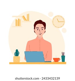 Man is working from home. Working space. Stock flat vector illustration. Colorful concept of home office.