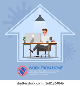 Man working from home, stop coronavirus, social distancing concept character vector design