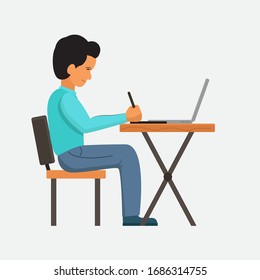 A man working from home using laptop preventing from corona virus. 
