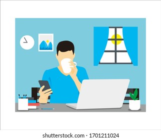 man working from home using laptop smartphone