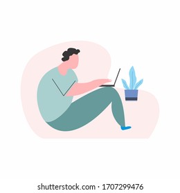 ein Mann, der von zu Hause aus mit einem Laptop arbeitet, um Coronavirus zu vermeiden, das COVID-19 WFH-Konzept in flachem Stil