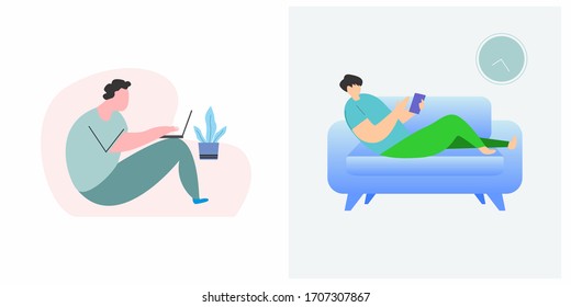 a man working from home using a laptop and smartphone to avoid coronavirus, the COVID-19 WFH concept in flat style